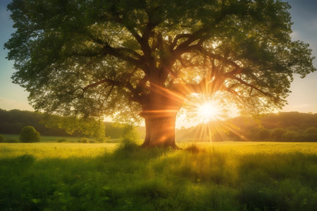 Beautiful sunlight brightly shining through branches of a tree in morning, Generative AIの素材