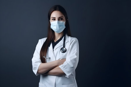 Portrait of professional female doctor wearing face mask and white coat, Generative AIの素材