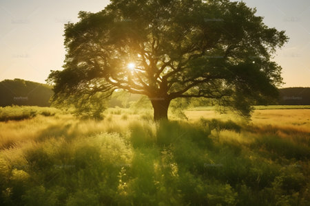 Beautiful sunlight brightly shining through branches of a tree in morning, Generative AIの素材