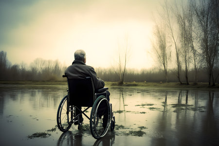 Lonely senior citizen man sitting in a wheelchair in a park. Generative AIの素材
