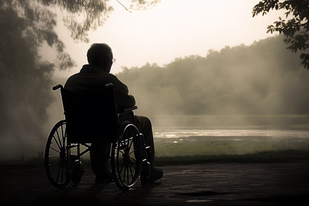 Lonely senior citizen man sitting in a wheelchair in a park. Generative AIの素材
