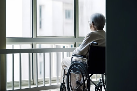 Lonely senior citizen woman sitting in a wheelchair in nursing home looking out of window. Generative AIの素材