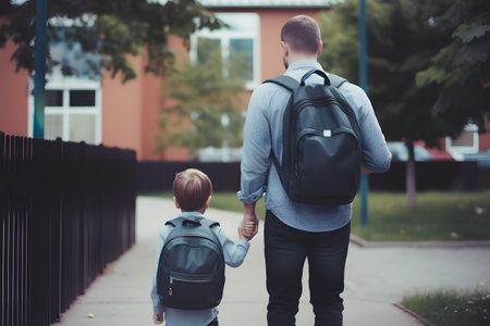 Back view of a son with backpack walking to school with father. Generative AIの素材