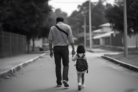 Back view of a child with backpack walking to school with father. Generative AIの素材