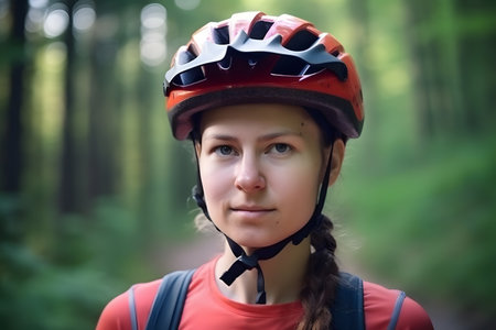 Close up portrait of beautiful causasion woman wearing biking helmet in the woods, Generative AIの素材