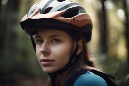 Close up portrait of beautiful causasion woman wearing biking helmet in the woods, Generative AIの素材