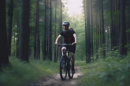 Man cycling mountain bike in beautiful forest trails for healthy lifestyle, Generative AIの素材