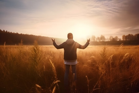 Silhouette of young free man with open both arms praying in summit during sunset, generative AIの素材