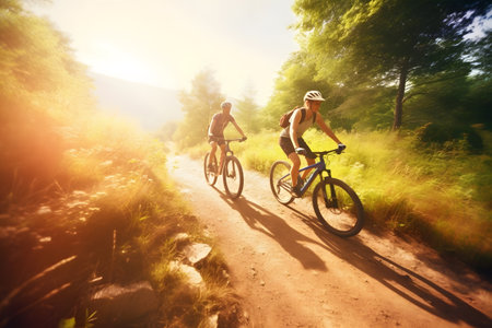 Couple mountain biking in beautiful sunset, Generative AIの素材