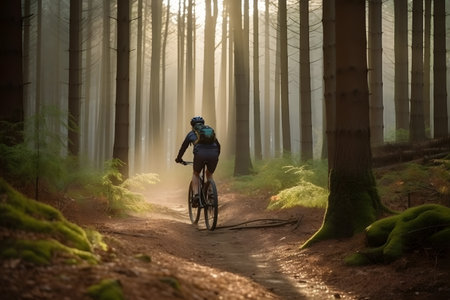 Man cycling mountain bike in beautiful forest trails for healthy lifestyle, Generative AIの素材