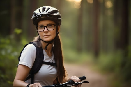 Close up portrait of beautiful causasion woman wearing biking helmet in the woods, Generative AIの素材