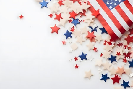 Fourth of July American Independance Day blue and red star shaped confetti in white background, Generative AIの素材