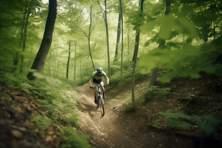 Man cycling mountain bike in beautiful forest trails for healthy lifestyle, Generative AIの素材