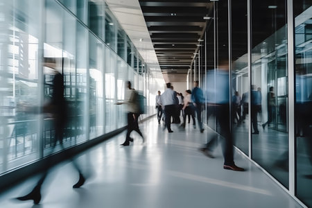 Business people walking in the office corridor of a business center, motion blur. Generative AIの素材