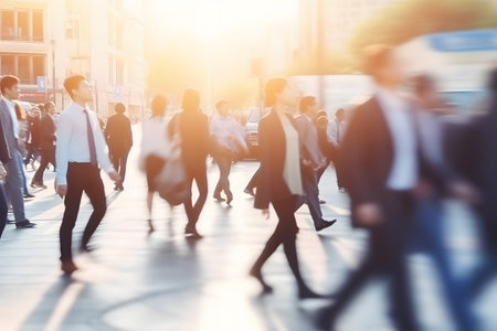 Blurred image of lots of business people walking on street in the city on morning rush hour. Generative AIの素材