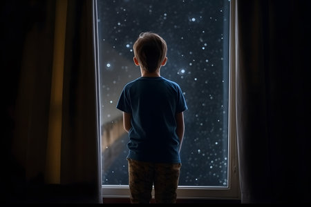 A little boy looking out bedroom window into sparkly starry night sky, Generative AIの素材
