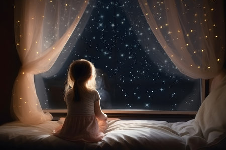 A little girl looking out bedroom window into sparkly starry night sky, Generative AIの素材