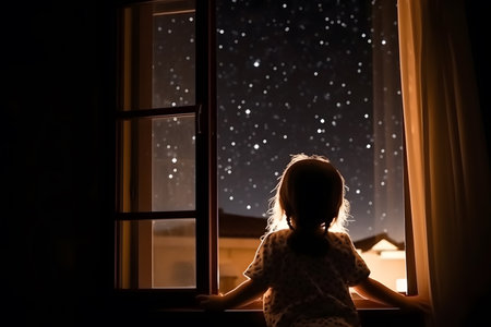 A little girl looking out bedroom window into sparkly starry night sky, Generative AIの素材