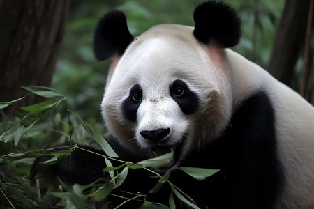 Adorable giant panda snacking on bamboo leaves in forest, wildlife concept, Generative AIの素材