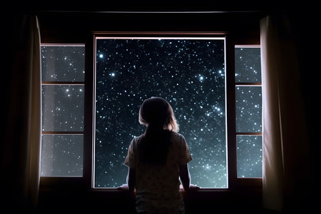 A little girl looking out bedroom window into sparkly starry night sky, Generative AIの素材