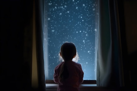 A little girl looking out bedroom window into sparkly starry night sky, Generative AIの素材