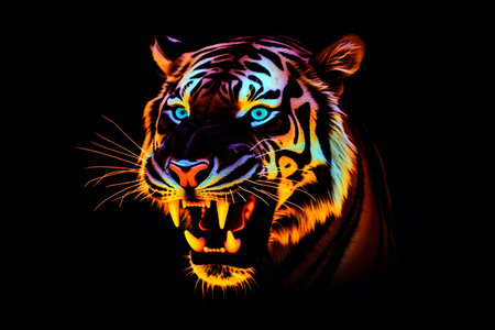 Glowing colorful tiger portrait on a black background, neon lighting. Generative AIの素材