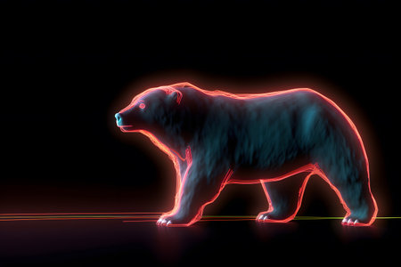 Bear on black background with neon lighting indicating bear stock market concept. Generative AIの素材