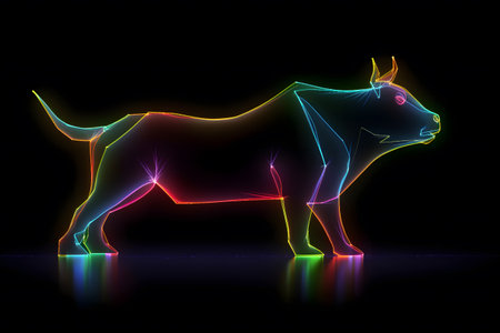 Figure of a bull with neon lighting isolated on black background for bull market trend. Generative AIの素材