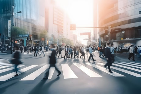 Blurred image of lots of business people walking on street in the city on morning rush hour. Generative AIの素材