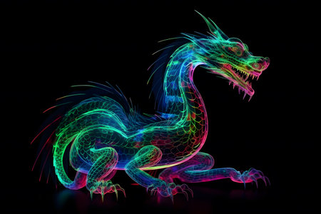 Glowing neon light oriental dragon illustration isolated on black background. Generative AI.の素材