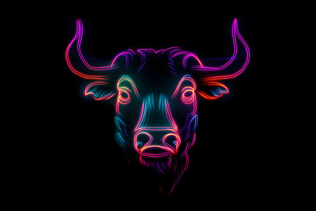 Figure of a bull with neon lighting isolated on black background for bull market trend. Generative AIの素材
