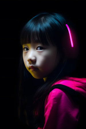 Portrait of beautiful Asian woman in a fashionable cloth around colourful bright neon uv lights posing in studio. Generative AIの素材