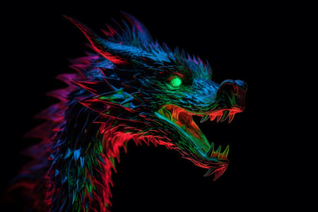 Glowing neon light oriental dragon illustration isolated on black background. Generative AI.の素材