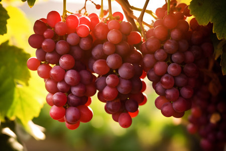 Close-up of fresh and juicy red grapes hanging in a vineyard, Generative AIの素材