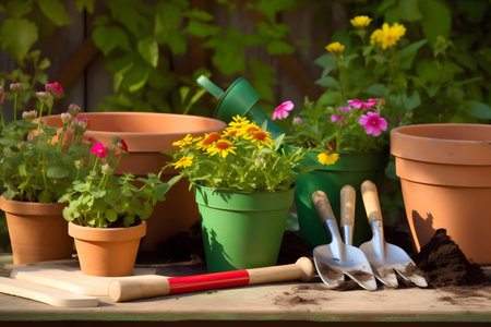 Background of gardening supplies bright flowers planted in pots during spring and summer, Generative AIの素材