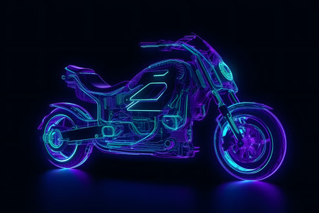 Bright glowing abstract neon sign of a generic motorcycle on a black background. Generative AIの素材