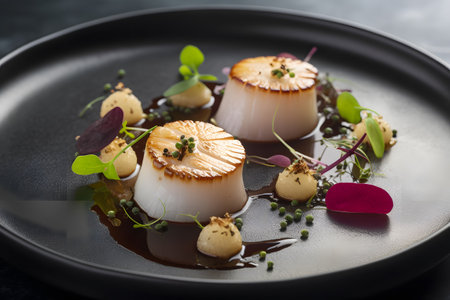 Scallop dish served in fine dining restaurant, Generative AIの素材