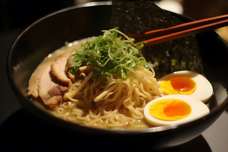 Authentic bowl of delicious Japanese tonkotsu ramen noodles, Generative AIの素材