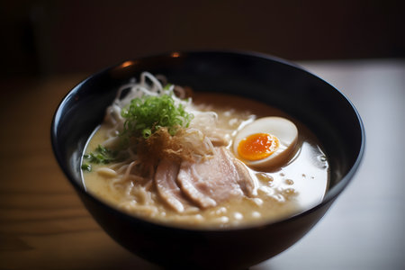 Authentic bowl of delicious Japanese tonkotsu ramen noodles, Generative AIの素材