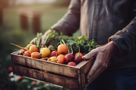 Farmer shows off excellent organic harvest in fresh vegetables, Generative AIの素材