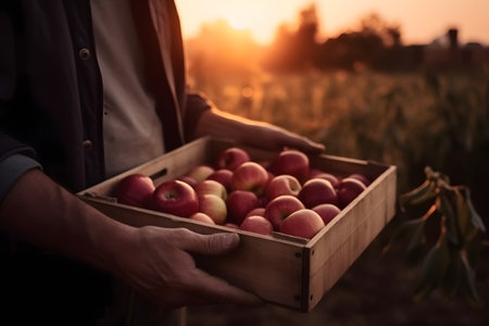 Farmer shows off excellent organic harvest in fresh red apples, Generative AIの素材