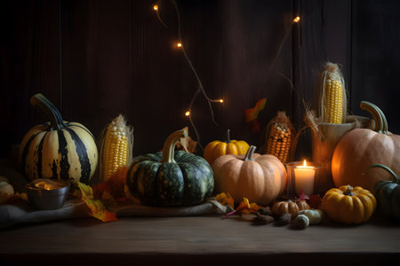 Wooden table decorated with pumpkins, corncob, candles and autumn leaves garland. beautiful holiday autumn festival background. Generative AIの素材