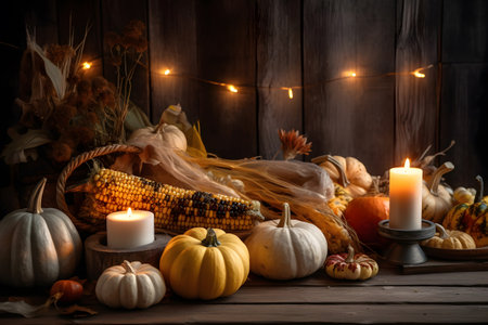 Wooden table decorated with pumpkins, corncob, candles and autumn leaves garland. beautiful holiday autumn festival background. Generative AIの素材