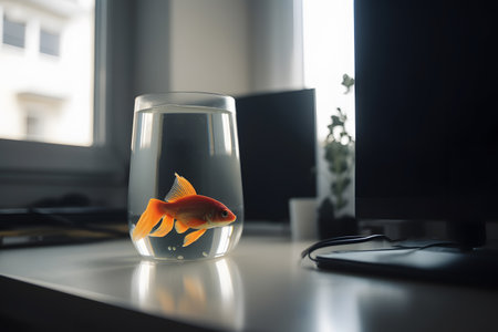 Single goldfish swimming in round glass bowl aquarium or jar, no freedom concept. Generative AIの素材