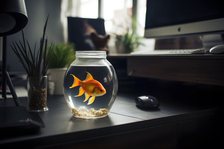 Single goldfish swimming in round glass bowl aquarium or jar, no freedom concept. Generative AIの素材