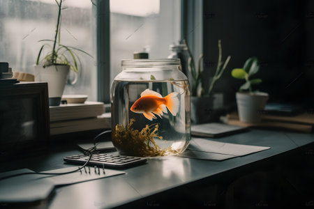 Single goldfish swimming in round glass bowl aquarium or jar, no freedom concept. Generative AIの素材