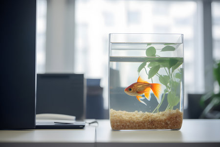 Single goldfish swimming in round glass bowl aquarium or jar, no freedom concept. Generative AIの素材