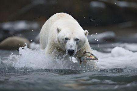 Large wild polar bear hunting fishes in water, Generative AIの素材