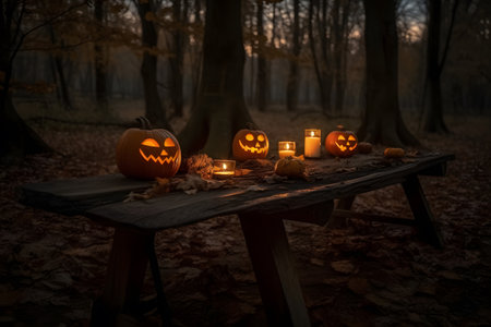 Multiple glowing Halloween pumpkins laid out on wooden table in dark forest, Generative AIの素材