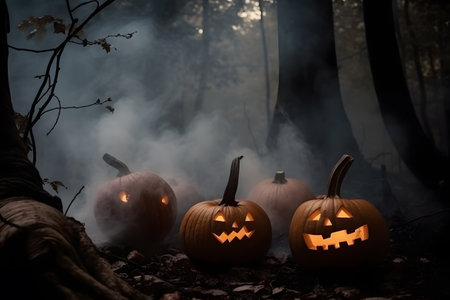 Multiple glowing Halloween pumpkins or jack-o-lantern laid out on ground in dark forest, Generative AIの素材